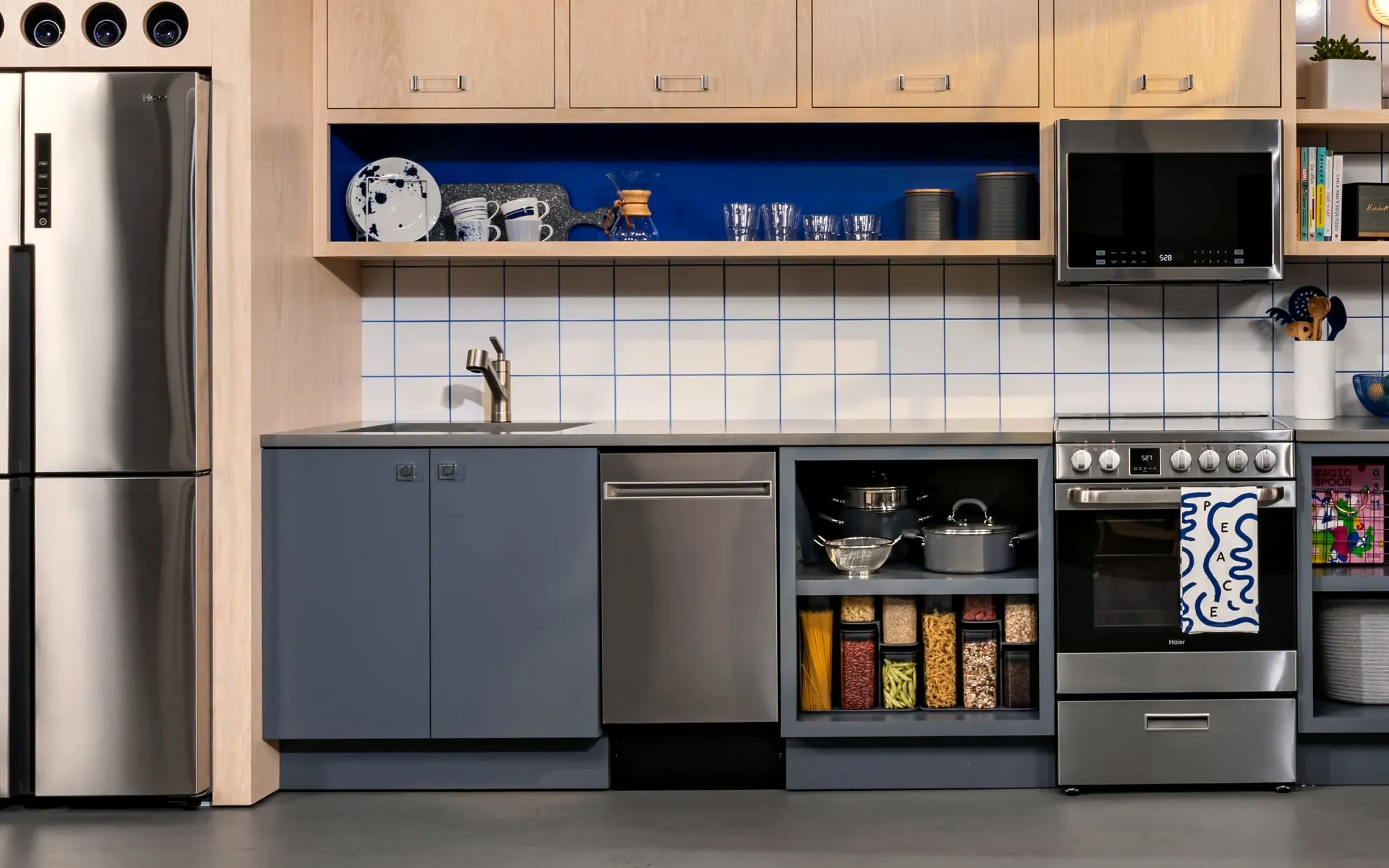 Haier compact wine cooler in a residential kitchen