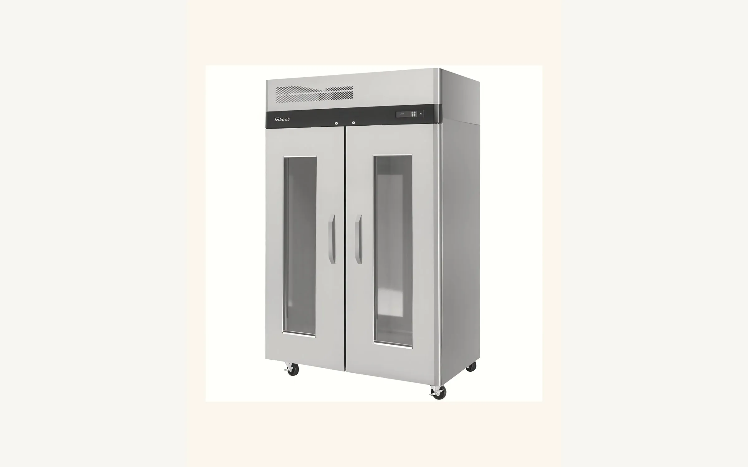 Turbo Air M3 reach-in cooler condenser compartment open showing fan and temperature controller at Anaheim restaurant
